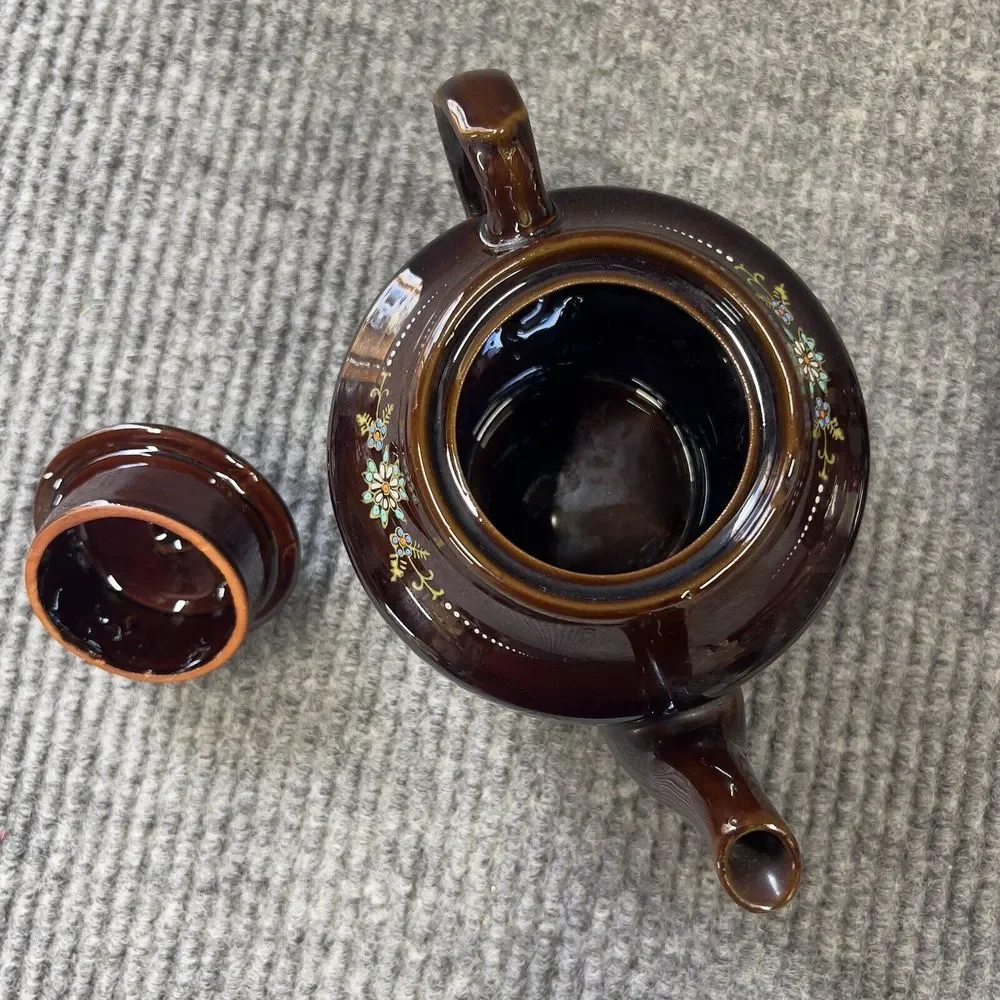 Redware Teapots Dark Brown HandPainted  Moriage Enamel Floral Japan Set Of 2 VTG